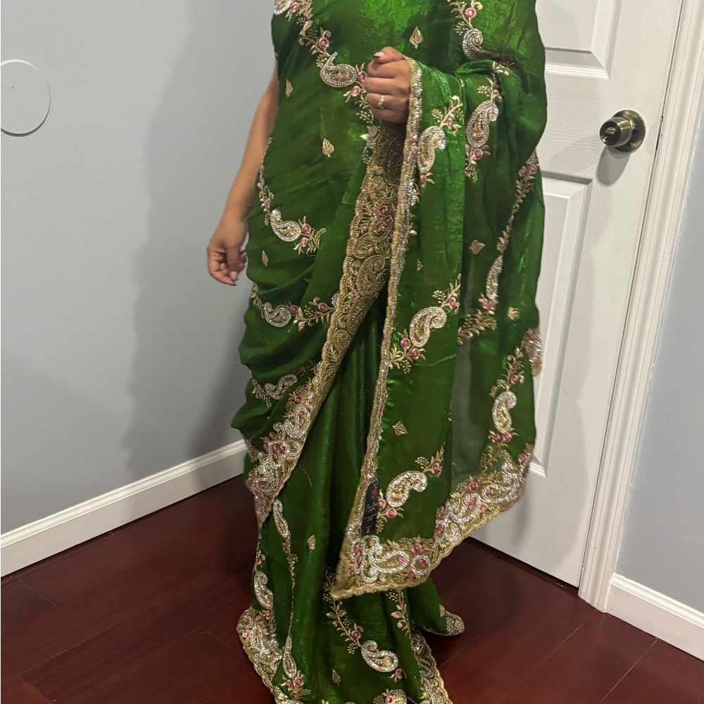 Elegant Green Embroidered Saree